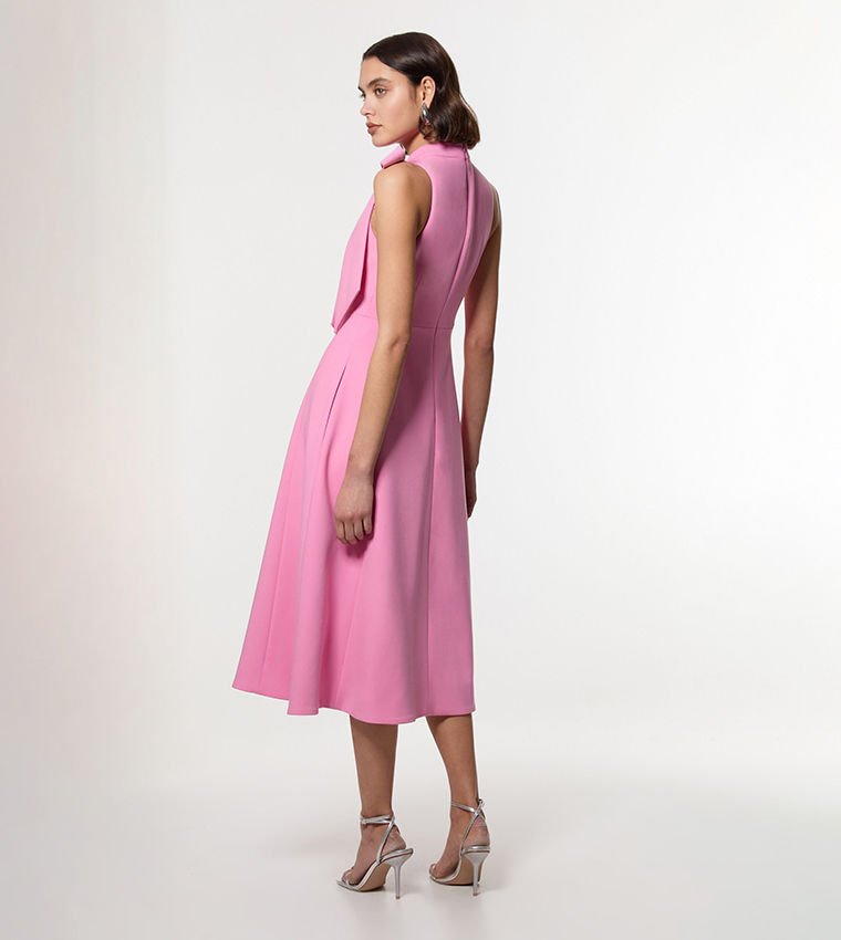 compact stretch bow tie neck full skirted midi dress Bright Pink KarenMillen Compact Stretch Bow Tie Neck Full Skirted Midi Dress