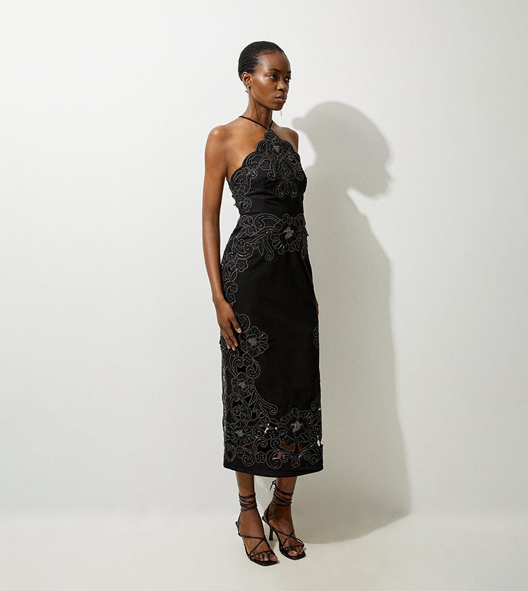 green and beige dress Tea-Length Wedding-Guest Dress: Ladivine 7499 Sage / 4