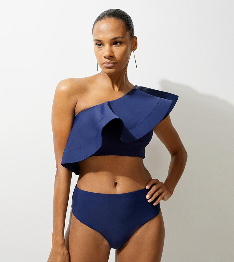 Buy Karen Millen Ruffle One Shoulder Bikini Top In Navy