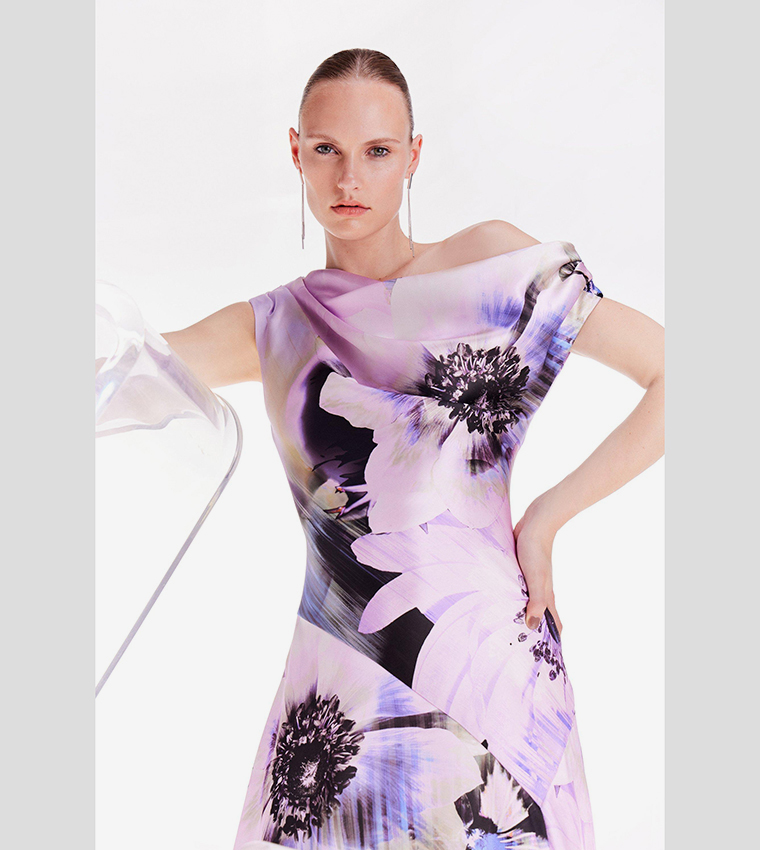 Petite Ooto Floral Satin Woven One Shoulder Maxi Dress