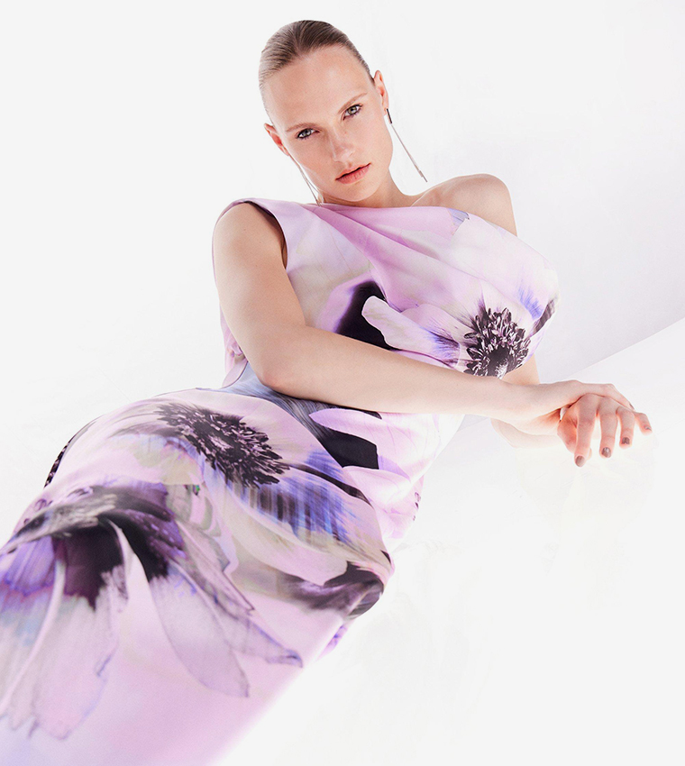 Petite Ooto Floral Satin Woven One Shoulder Maxi Dress