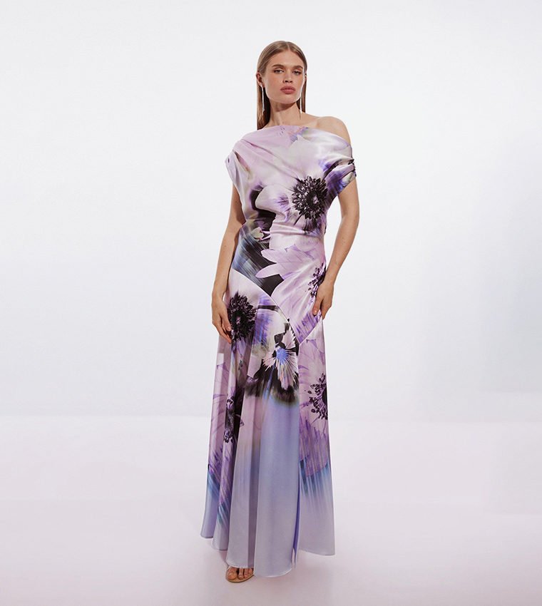 Petite Ooto Floral Satin Woven One Shoulder Maxi Dress