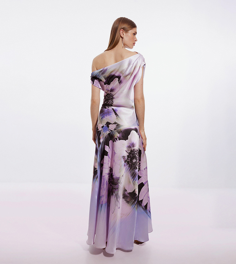 Petite Ooto Floral Satin Woven One Shoulder Maxi Dress