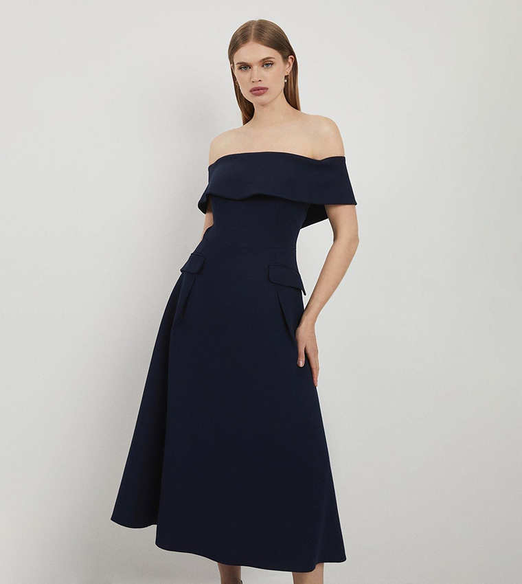 Lydia Millen Compact Stretch Bardot Full Skirt Tailored Midaxi Dress