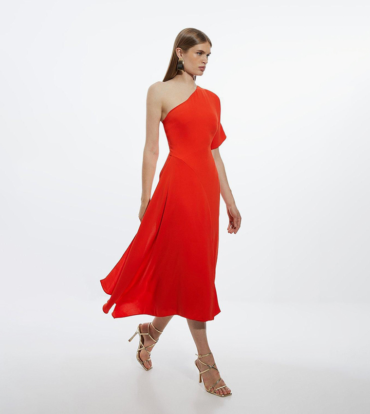 karen millen red dress one shoulder Karen Millen Petite Thigh high Split Embellished Woven Fringed Midi Dress in Red