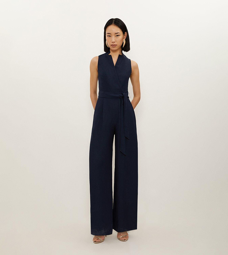 Premium Linen Notch Neck Belted Straight Fit Jumpsuit