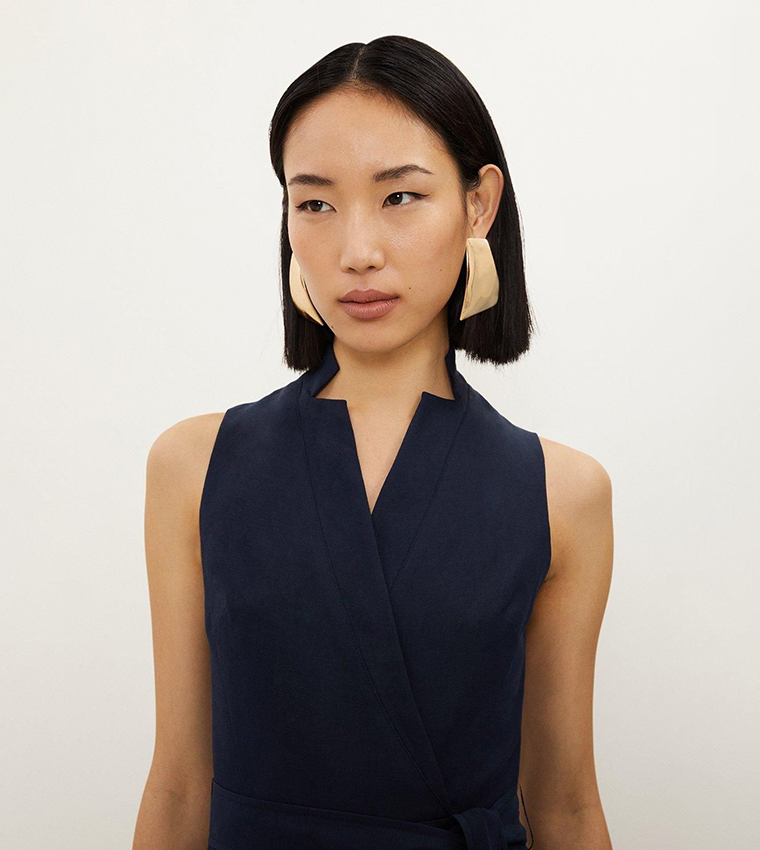Premium Linen Notch Neck Belted Straight Fit Jumpsuit