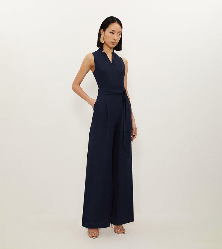 Premium Linen Notch Neck Belted Straight Fit Jumpsuit