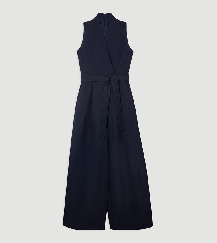 Premium Linen Notch Neck Belted Straight Fit Jumpsuit