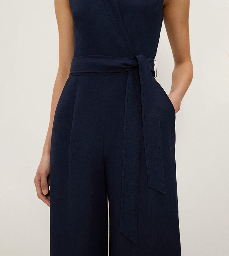 Premium Linen Notch Neck Belted Straight Fit Jumpsuit