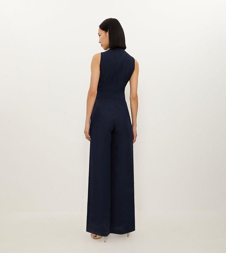 Premium Linen Notch Neck Belted Straight Fit Jumpsuit