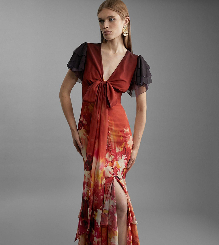 Ombre Floral Ruffle Sleeves Button Through Maxi Dress