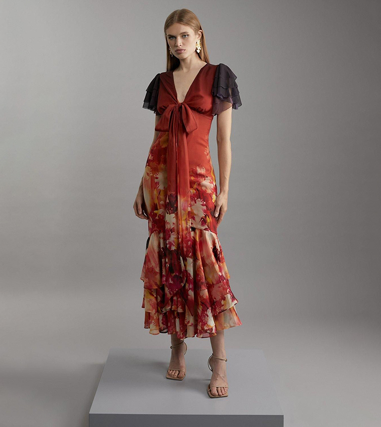 Ombre Floral Ruffle Sleeves Button Through Maxi Dress