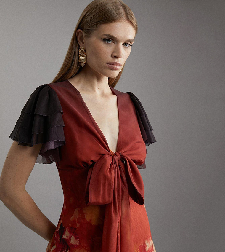 Ombre Floral Ruffle Sleeves Button Through Maxi Dress