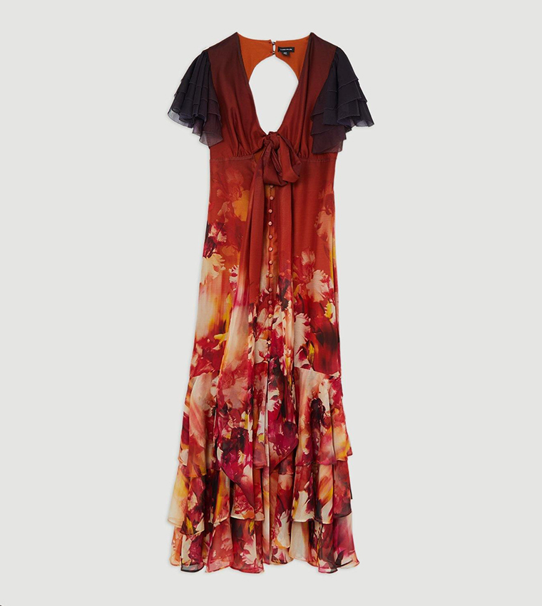 Ombre Floral Ruffle Sleeves Button Through Maxi Dress