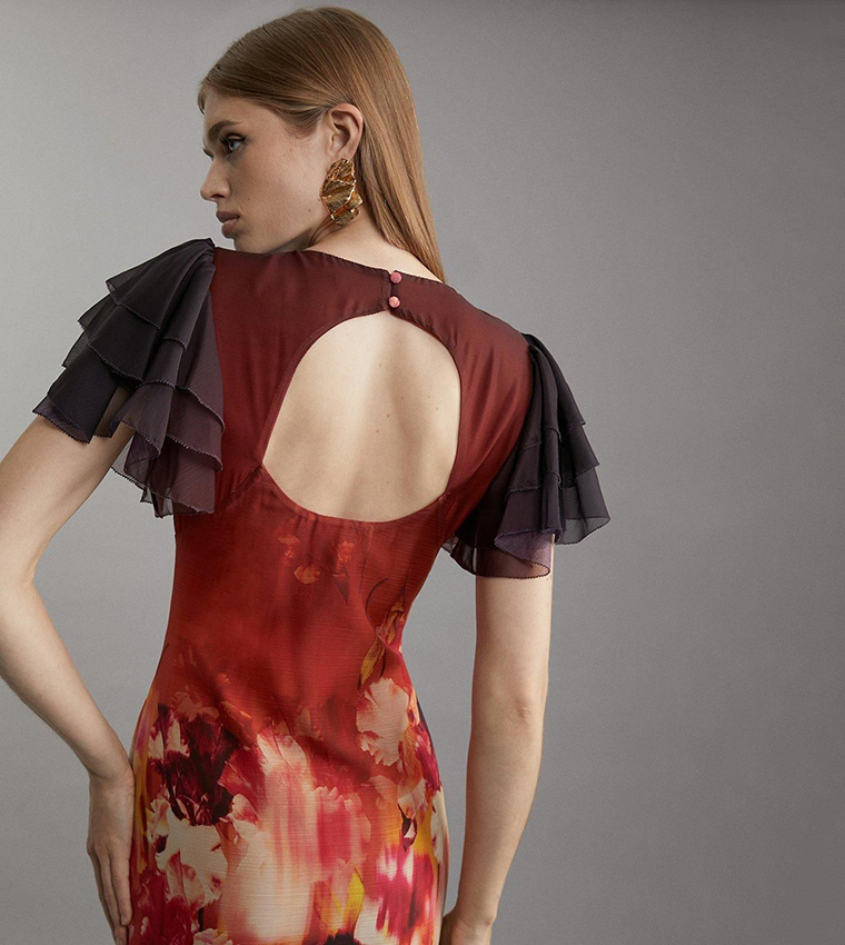 Ombre Floral Ruffle Sleeves Button Through Maxi Dress