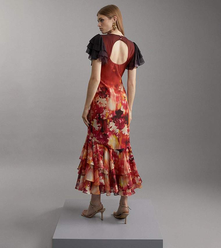 Ombre Floral Ruffle Sleeves Button Through Maxi Dress