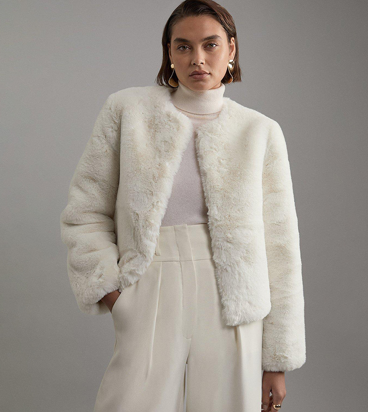 Buy Karen Millen Petite Collarless Faux Fur Jacket In White 6thStreet Bahrain