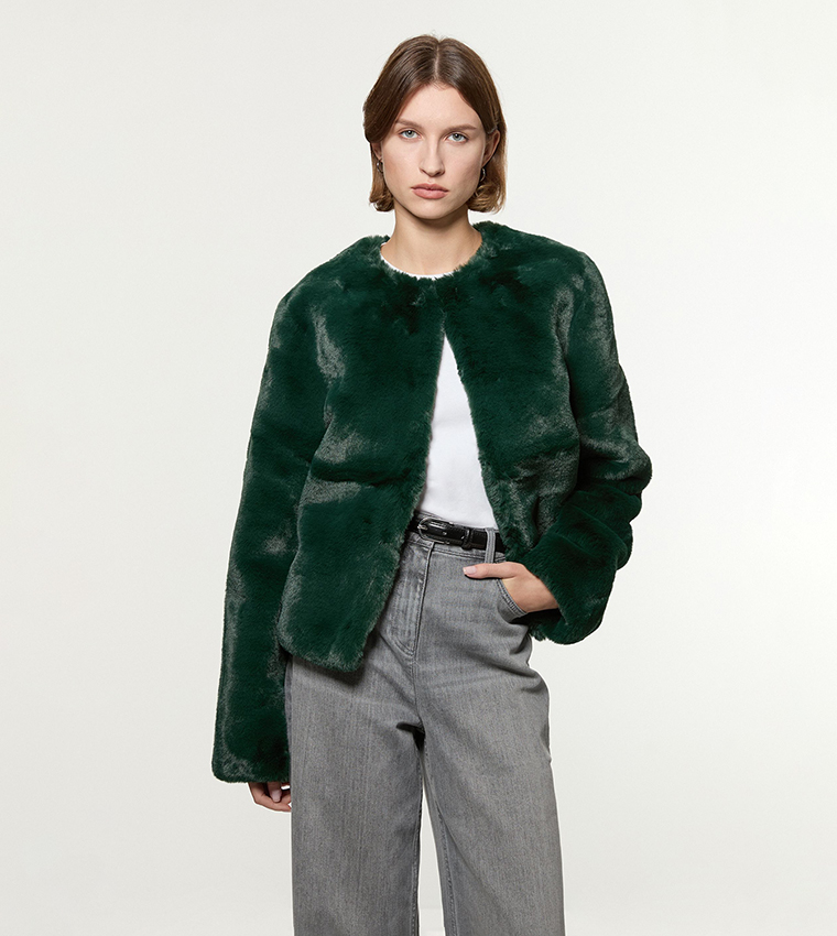 Buy Karen Millen Collarless Faux Fur Jacket In Green 6thStreet