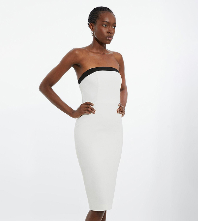 The Founder Petite Compact Stretch Viscose Tailored Contrast Detail Bandeau Midi Dress
