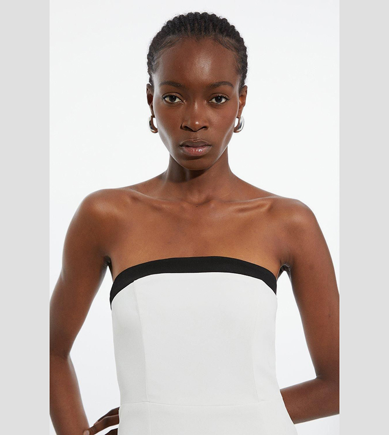 The Founder Petite Compact Stretch Viscose Tailored Contrast Detail Bandeau Midi Dress