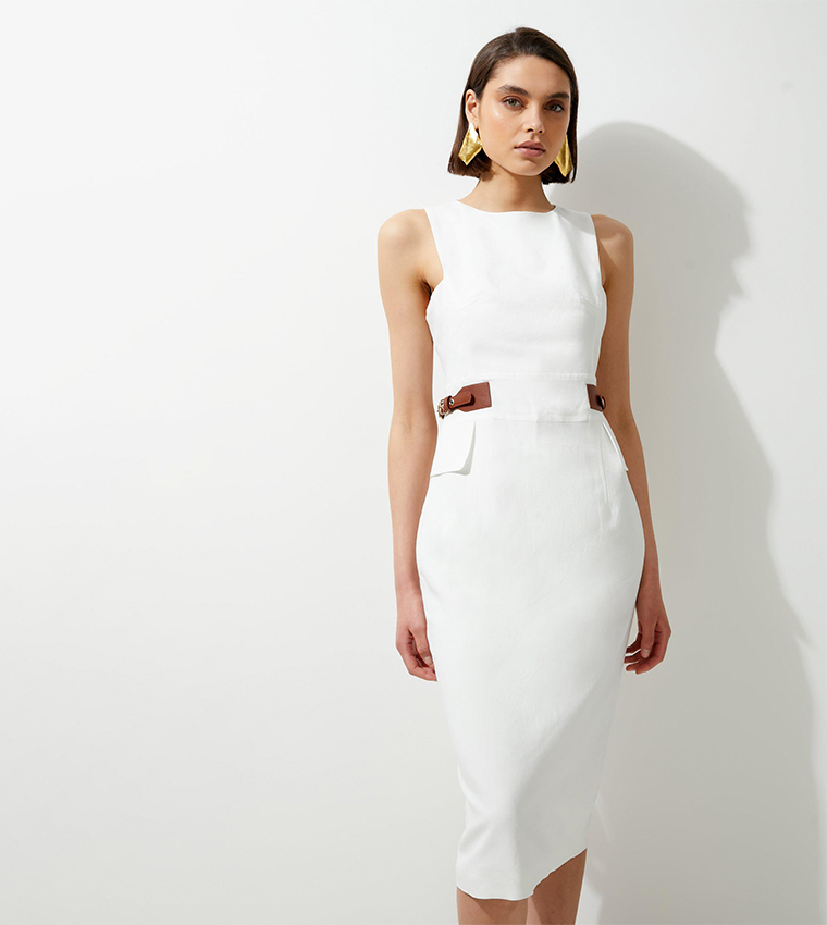 Buy Karen Millen Petite Premium Tailored Linen Tab Waist Pencil Midi Dress  In White | 6thStreet Qatar