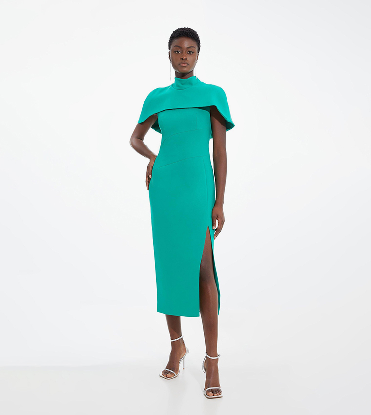emerald casual dress Buy Karen Millen Compact Stretch Caped Cap Sleeved Neck Tie Tailored Midi  Dress In Emerald