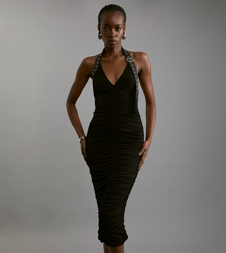 Petite Crepe Pu Halterneck Maxi Dress