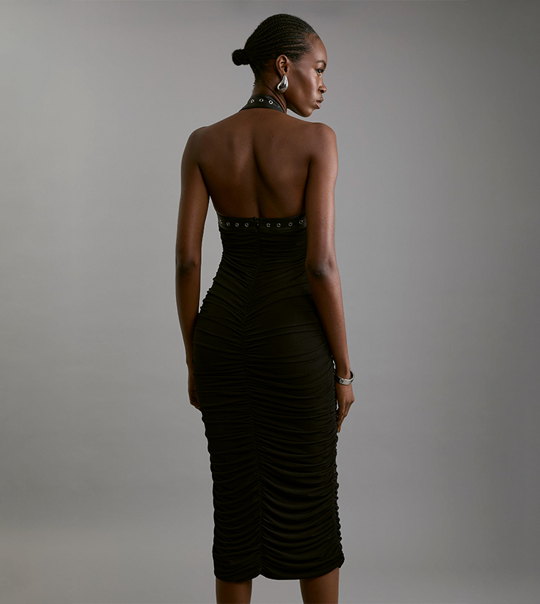 Petite Crepe Pu Halterneck Maxi Dress