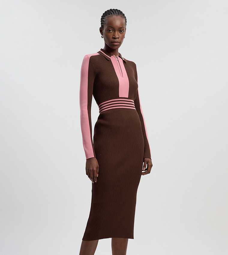 Buy Karen Millen Ribbed Knit Polo Neck Zip Up Midi Dress In Brown |  6thStreet Qatar