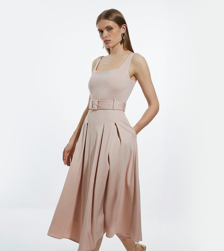 Buy Karen Millen Italian Structured Rib Tailored Square Neck Belted Midi Dress In CHAMPAGNE | 6thstreet UAE Buy Karen Millen Italian Structured Rib Tailored Square Neck Belted Midi Dress In CHAMPAGNE | 6thstreet UAE
