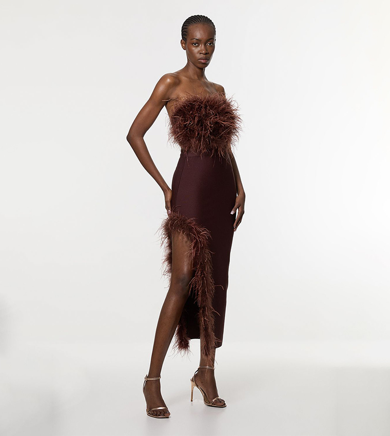 Figure Form Bandage Feather Detail Bandeau Knit Midi Dress