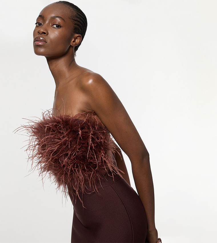 Figure Form Bandage Feather Detail Bandeau Knit Midi Dress