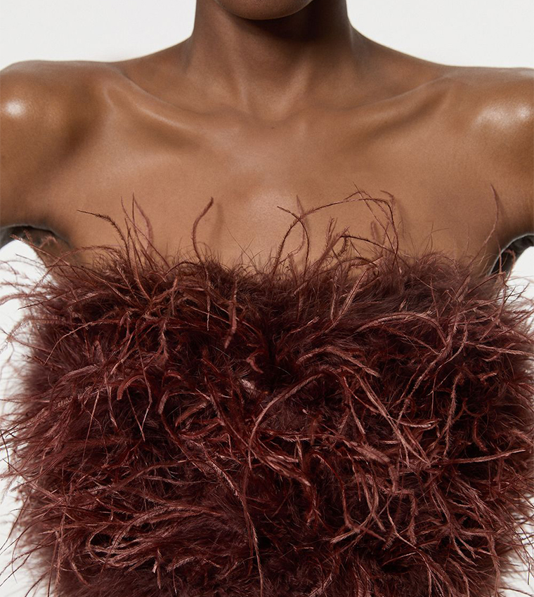 Figure Form Bandage Feather Detail Bandeau Knit Midi Dress