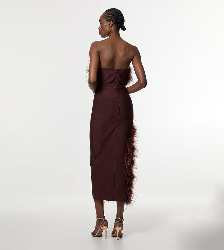 Figure Form Bandage Feather Detail Bandeau Knit Midi Dress
