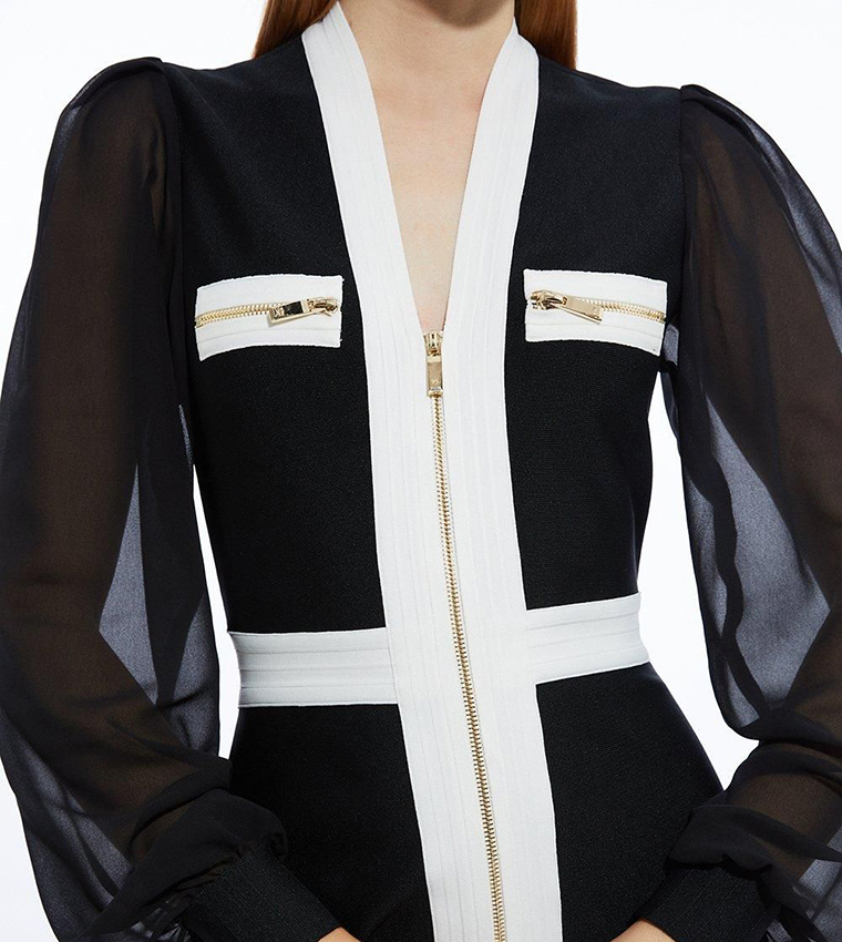 Chiffon Sleeves Zip Through Bandage Knit Mini Dress