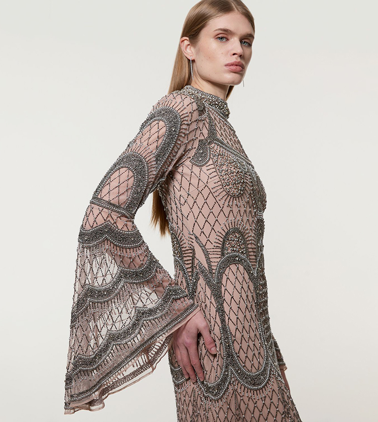 Petite Embellished Long Sleeves Woven Maxi Dress