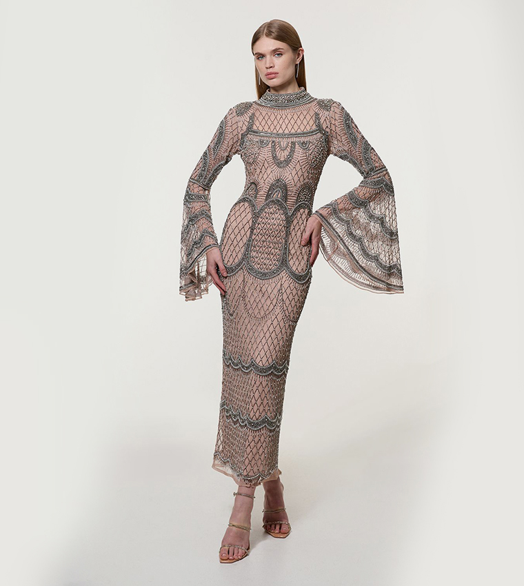 Petite Embellished Long Sleeves Woven Maxi Dress