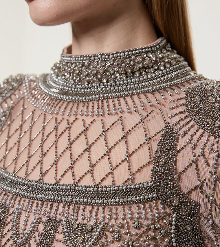 Petite Embellished Long Sleeves Woven Maxi Dress
