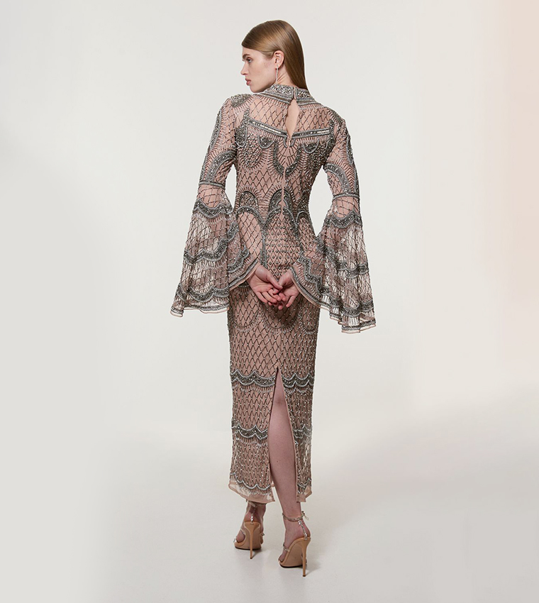 Petite Embellished Long Sleeves Woven Maxi Dress