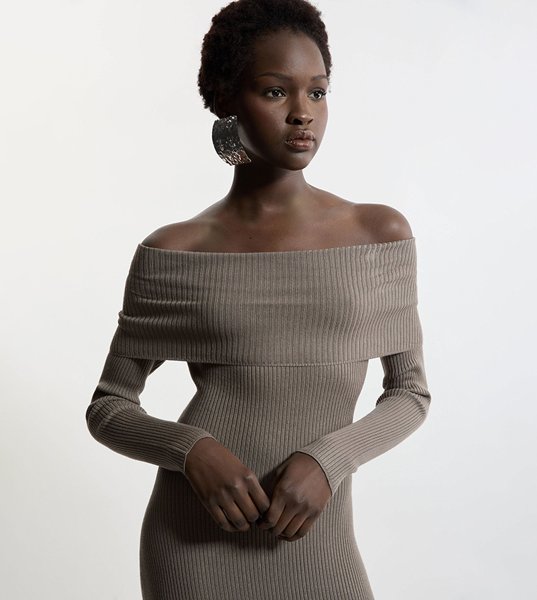 bardot knit midi dress Charcoal KarenMillen Wool Blend Cosy Bardot Knit Midi Dress