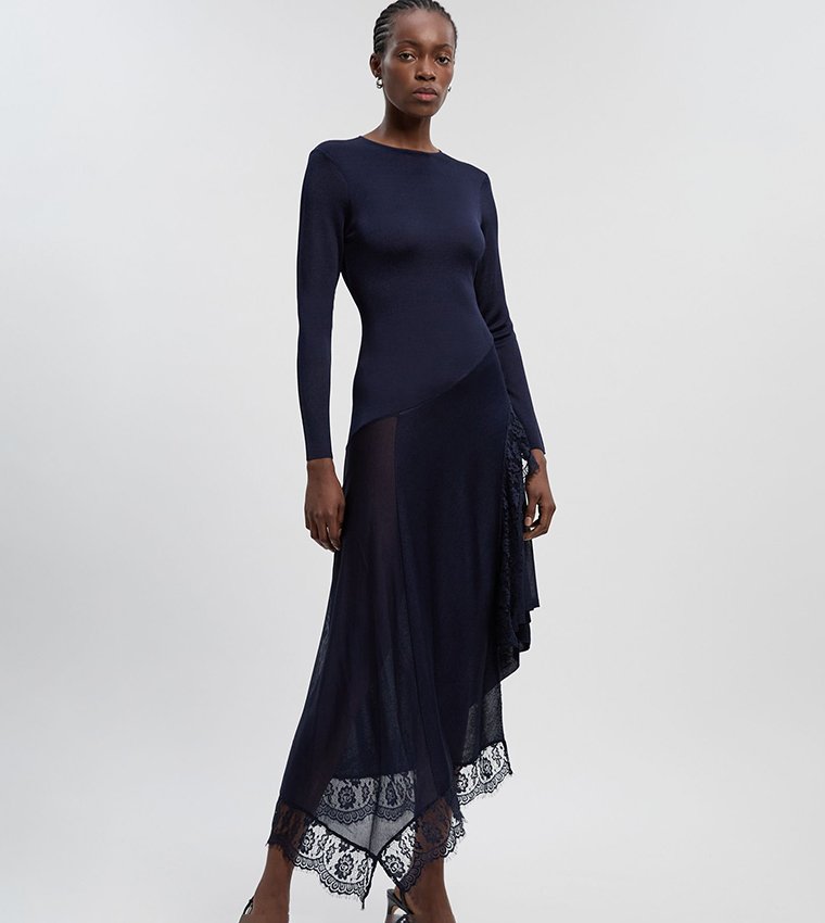 Viscose Blend Slinky Sheer Lace Detail Asymmetric Maxi Dress