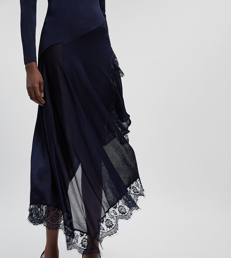 Viscose Blend Slinky Sheer Lace Detail Asymmetric Maxi Dress