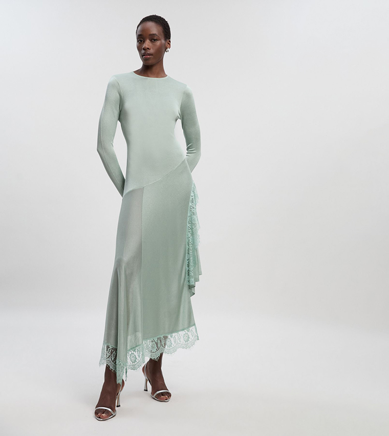 Buy Karen Millen Viscose Blend Slinky Sheer Lace Detail Asymmetric Maxi  Dress In Green | 6thStreet Qatar