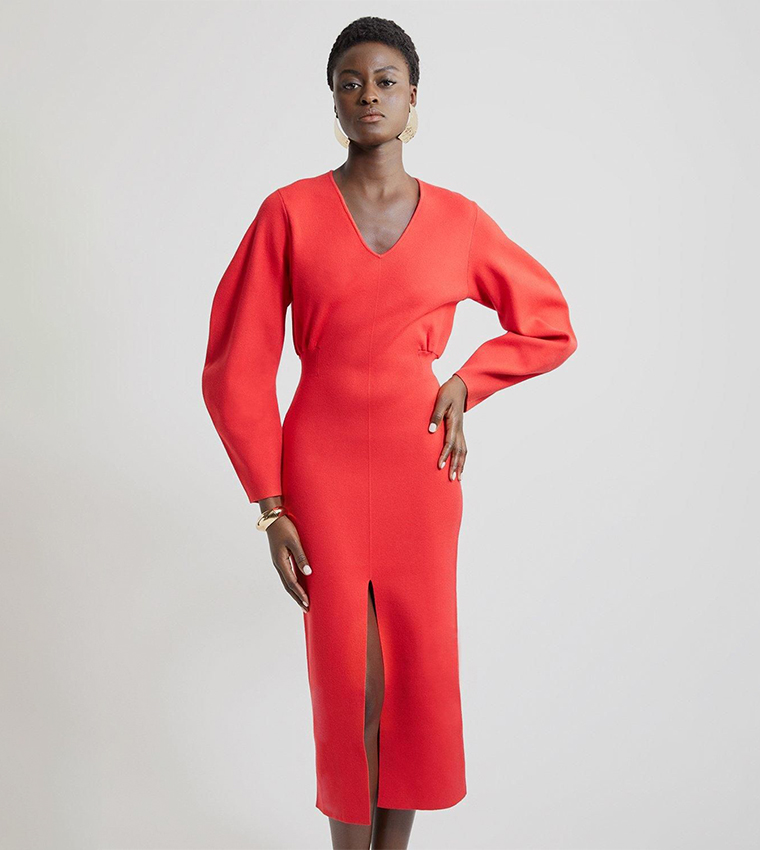karen millen red knit dress Karen Millen Viscose Blend Cut Out Trim Detail Knit Midi Dress in Red