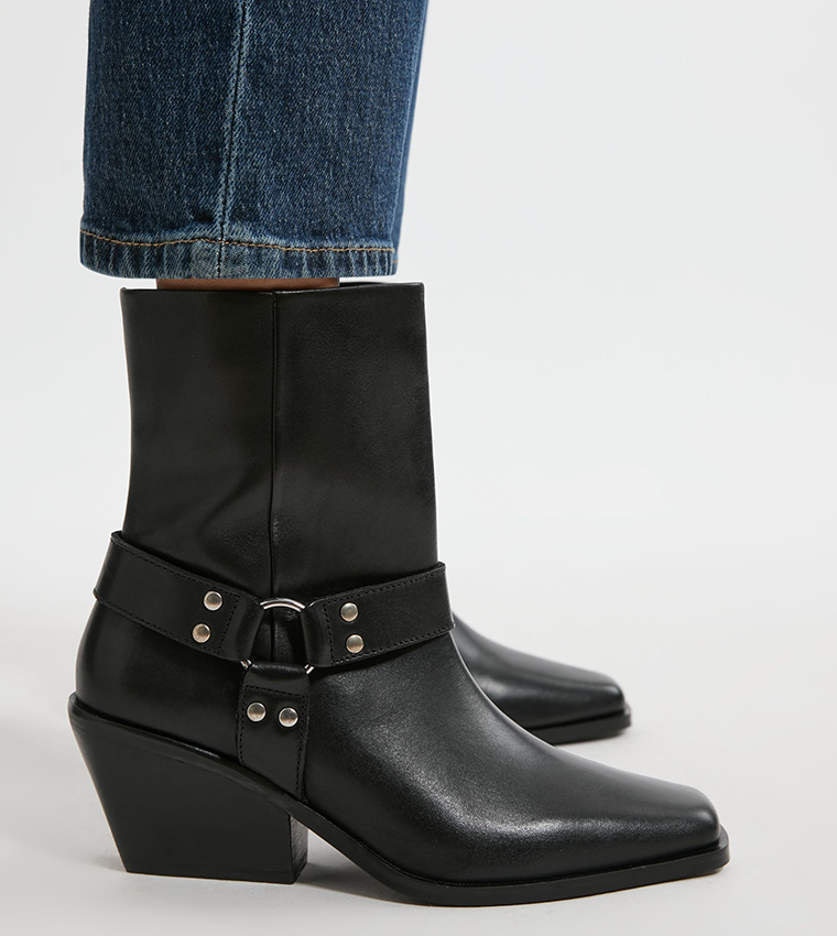 Square Toe Leather Cowboy Heeled Ankle Boots