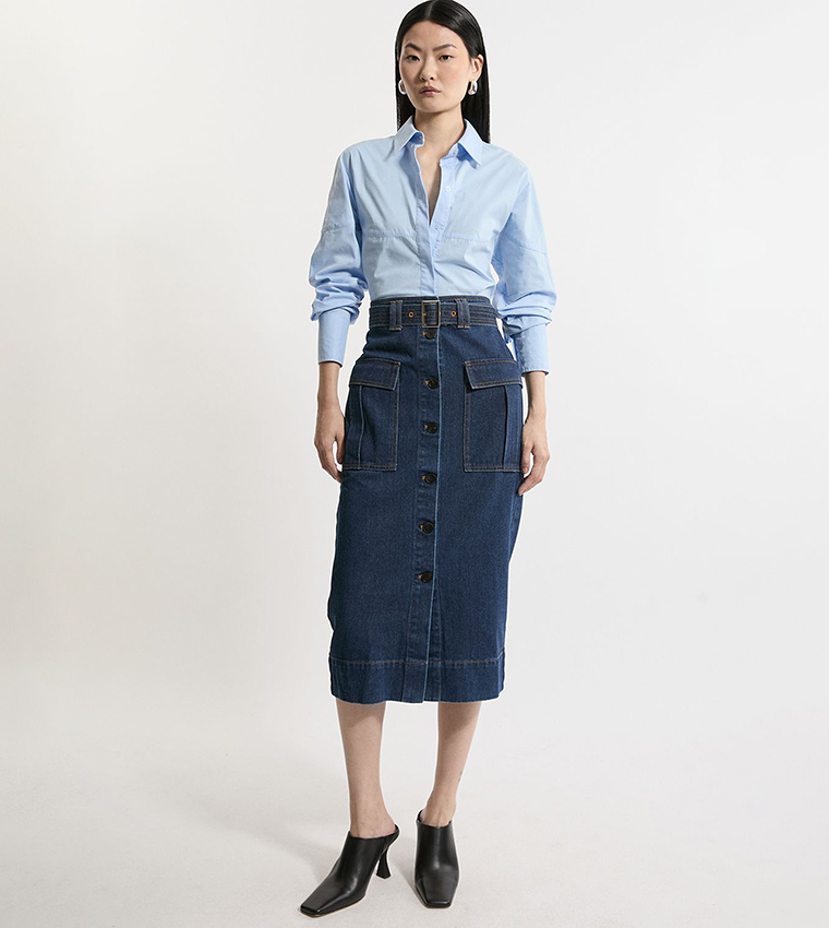 Cargo Pocket Belted Denim Midi Skirt