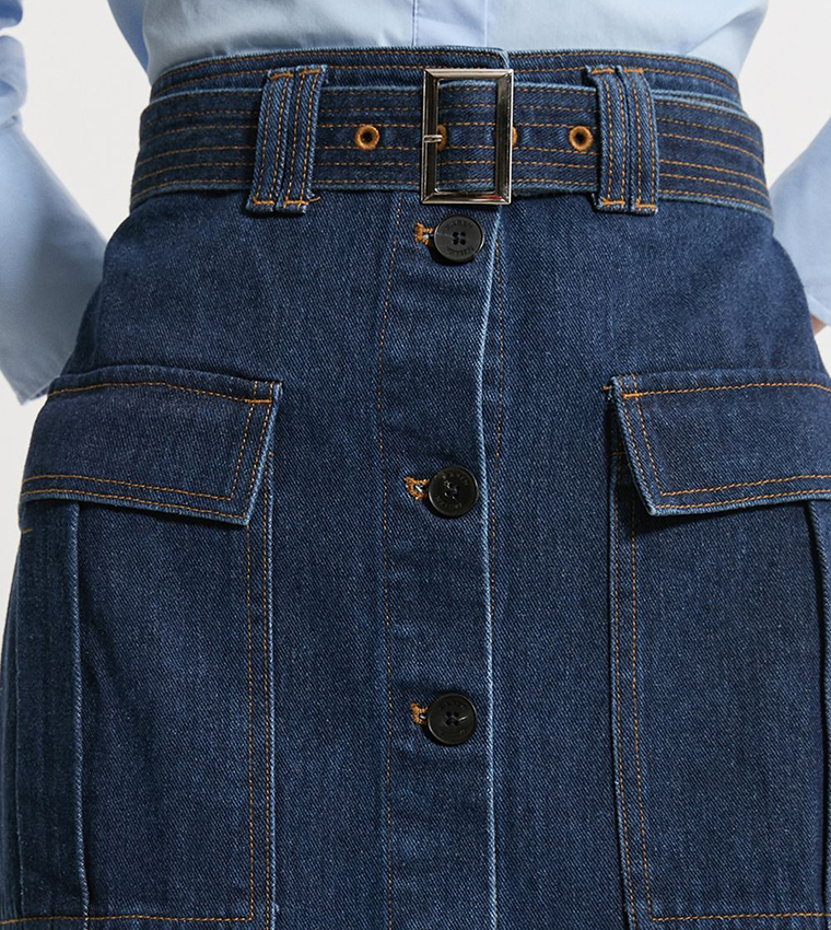 Cargo Pocket Belted Denim Midi Skirt