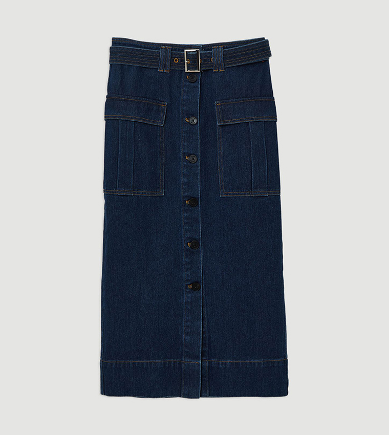 Cargo Pocket Belted Denim Midi Skirt