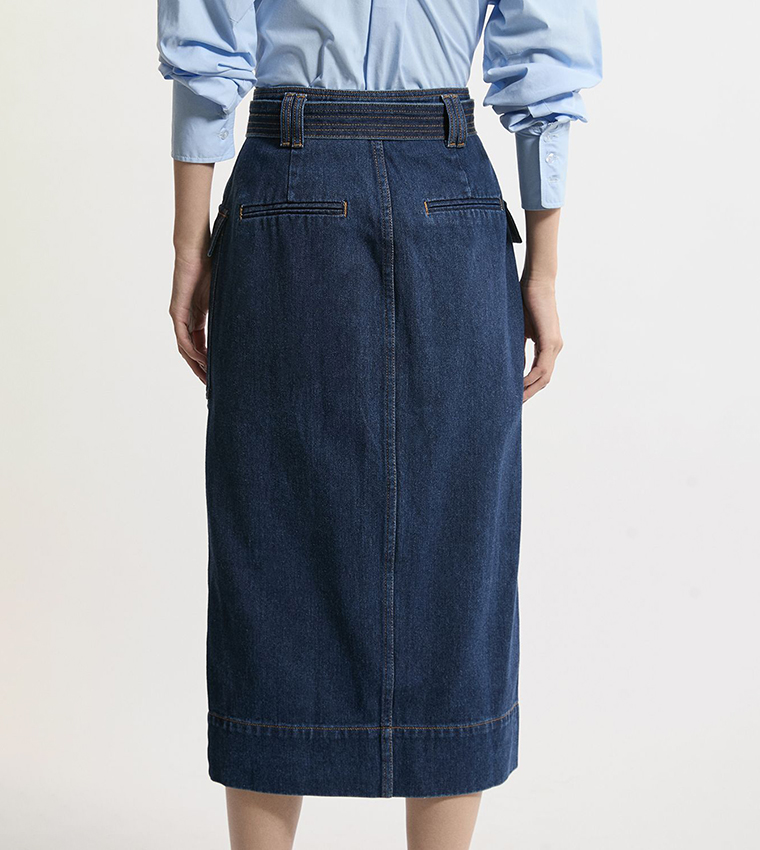 Cargo Pocket Belted Denim Midi Skirt